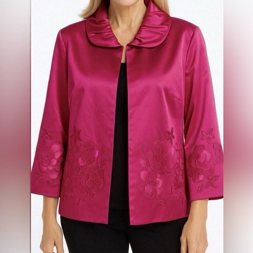 Chicos Jacket Satin Floral Cottagecore Elegant Evening Formal Chic Pink Size M